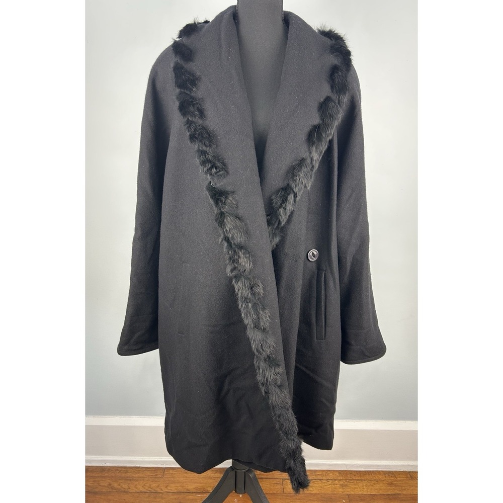 Vintage Donnybrook Womens Black 100%Wool Coat 100% Real Rabbit Fur Trim Size 18W